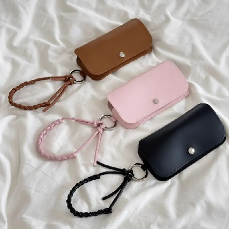 

Portable PU Leather Glasses Pouch with Braided Wrist Strap Snap Button Sunglasses Case Mini Eyewear Bag with Lanyard for Women