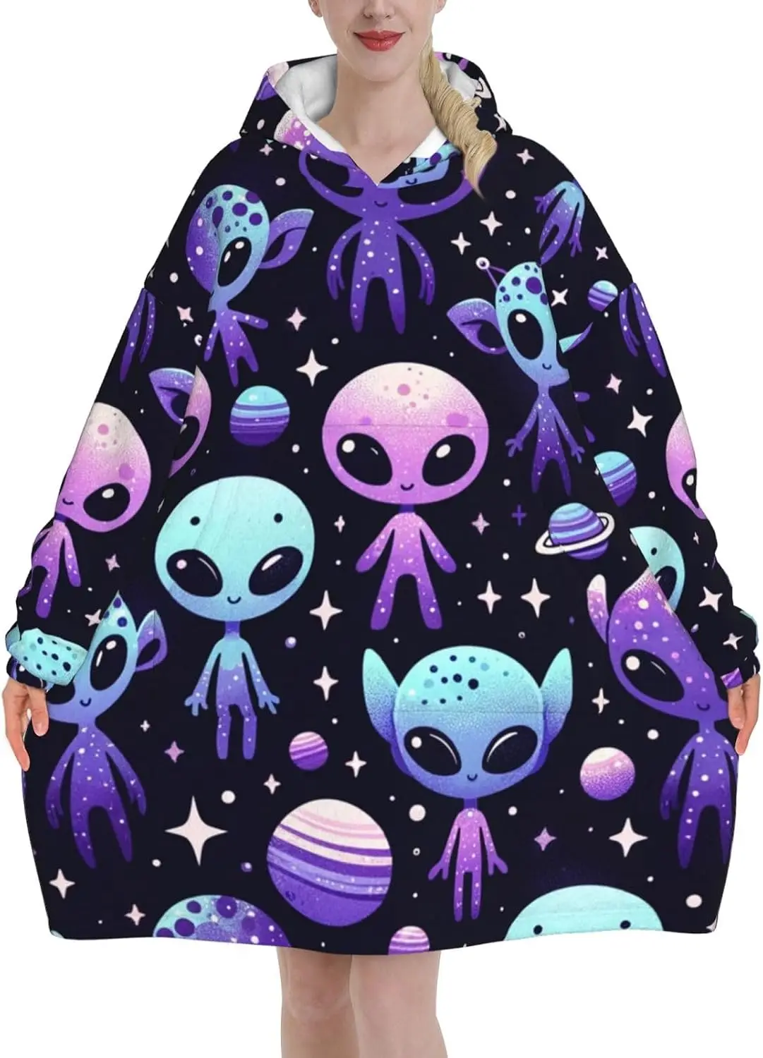 Oversized Adult Long Sleeve Flannel Hoodie Blanket Muffin Alien Galaxies Soft Fuzzy Hooded Sweatshirt Lounging Pullover