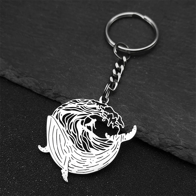 Whale Surfing Keychain For Women Men Stainless Steel Black Sports Style Male Motor Keyholder Jewelry Bag Accessories Charms