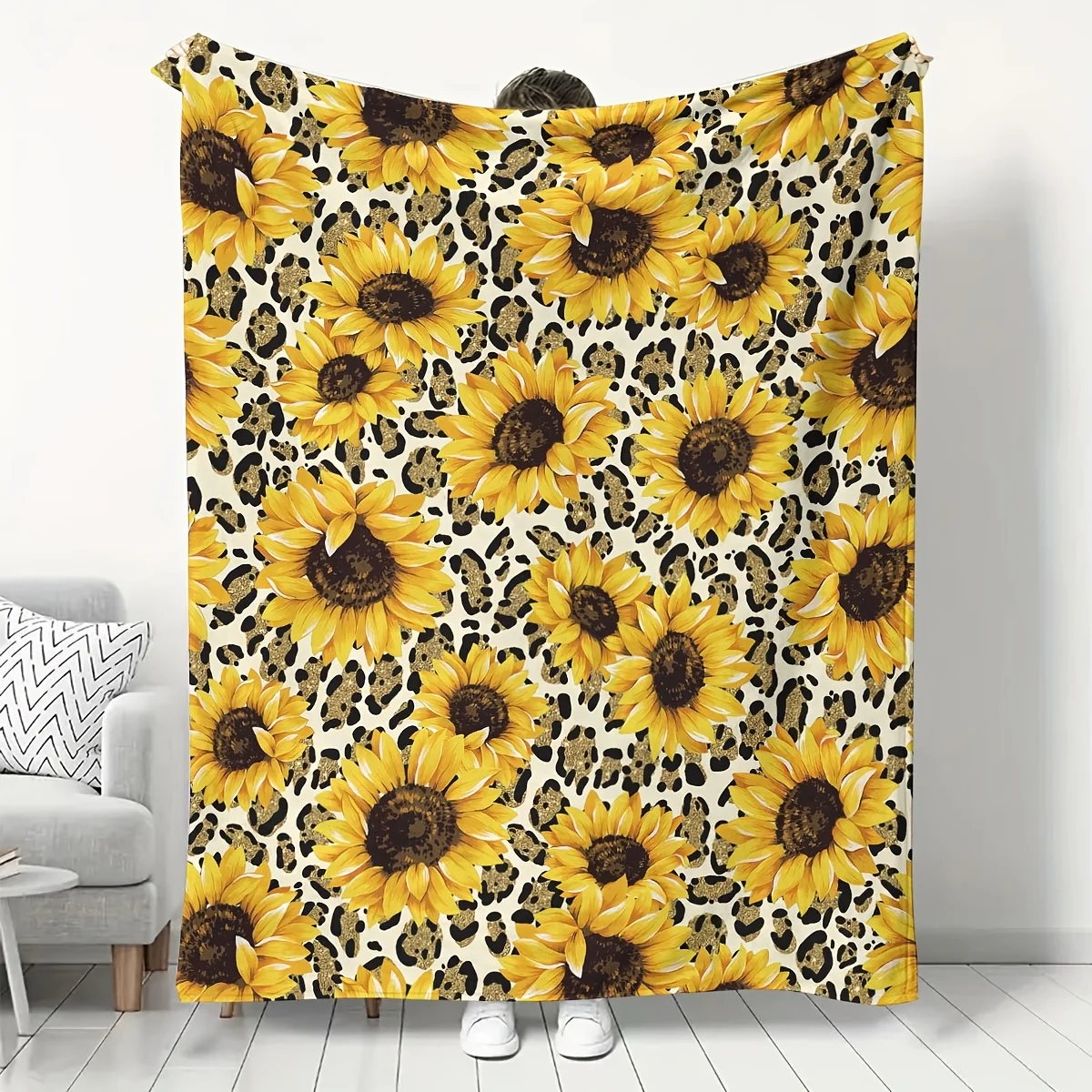 Flannel Sunflower Throw Bold Leopard Pattern Sunflower Design Flannel Throw For Bedroom Snuggling Warm Trendy Vibe Certified