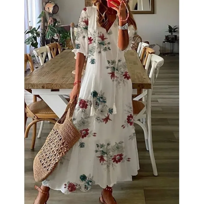 Boho Frauen Vintage Kleid Robe Sommer Kordel zug V-Ausschnitt Halbarm lange Maxi kleid weibliche lässige Strand kleider Vestidos