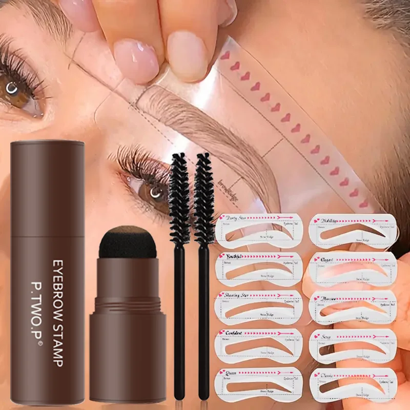 Tampon de maquillage en poudre pour définisseur de sourcils, avec 10 pochoirs réutilisables, poudre d'ombre pour ligne de cheveux longue durée, craie moelleuse pour cheveux