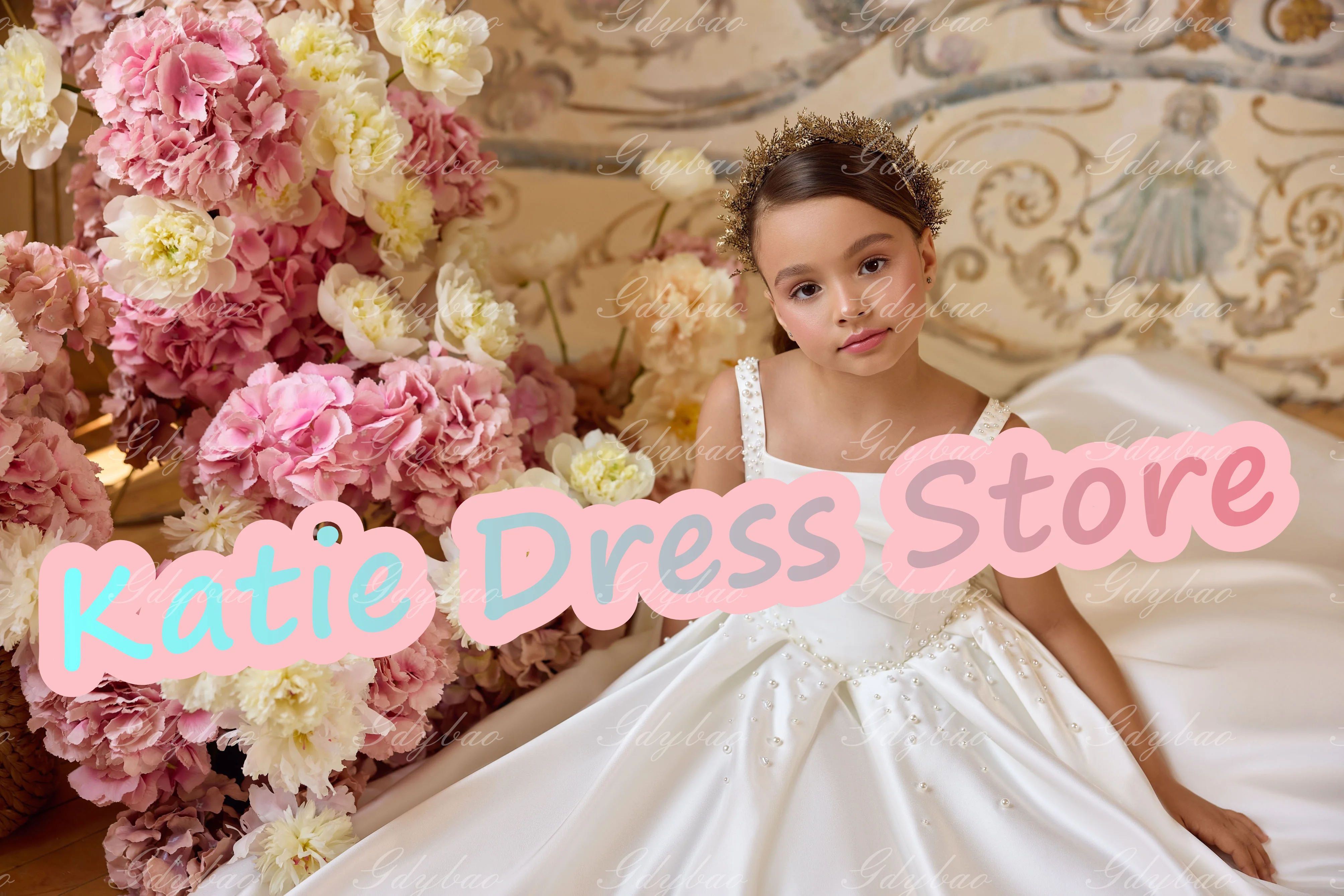 Abito da ragazza di fiore bianco personalizzato per abiti da ballo da prima comunione per feste di compleanno per bambini senza maniche con perle in raso