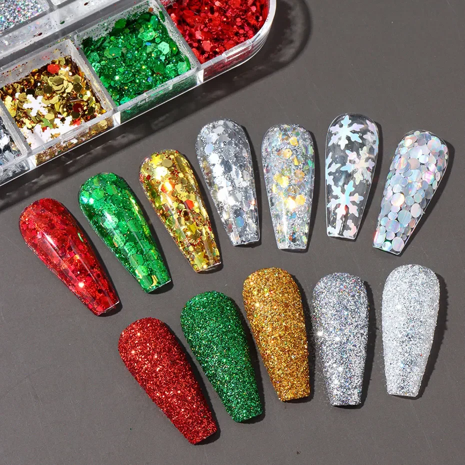 12グリッドクリスマスレーザーネイルグリッターフレーク虹色輝くミックスネイルクロムパウダー3D不規則ホロフレークマニキュアデコレーション