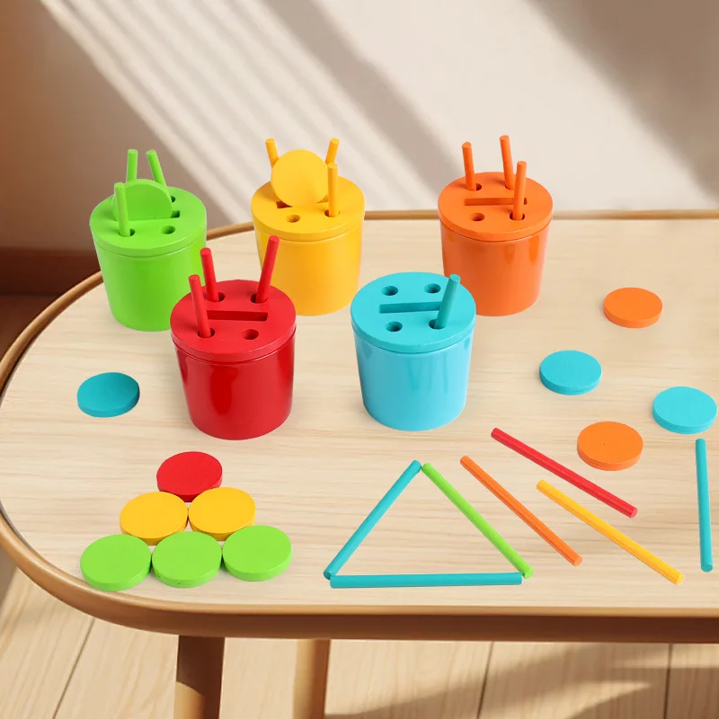 Montessori Color Sorting Cup Shape Color Matching Toys Wooden Sticks Classification Bucket Early Education For Age 3+ Fine Motor