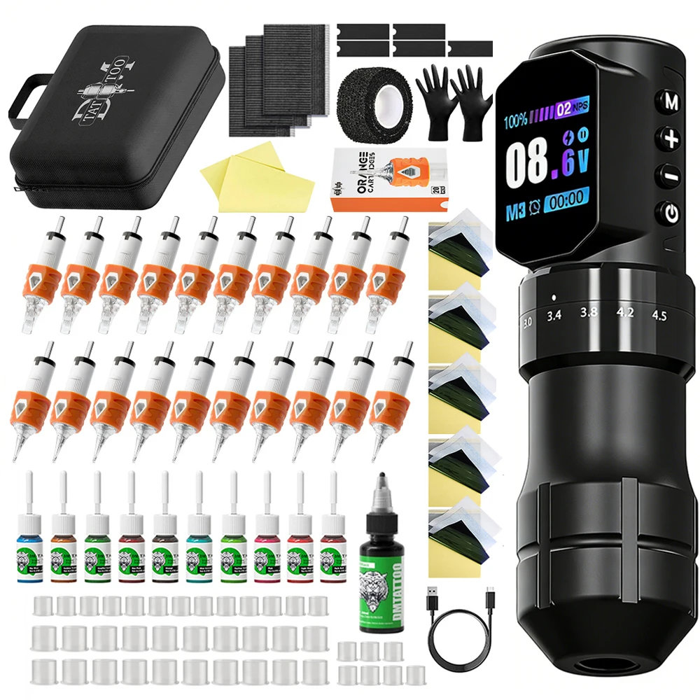 Professional Adjustable Stroke Tattoo Machine Kit Wireless Tattoo Pen Coreless Brushless Motor With Tattoo Ink Tattoo Needle