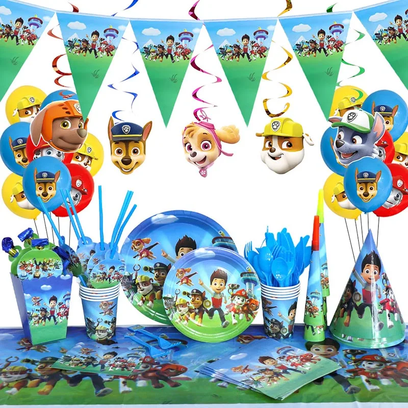 PAW Patrol-Decoración de fiesta de cumpleaños para niños, sombrero de juguete, regalo, globo de papel de aluminio, vajilla desechable, suministros