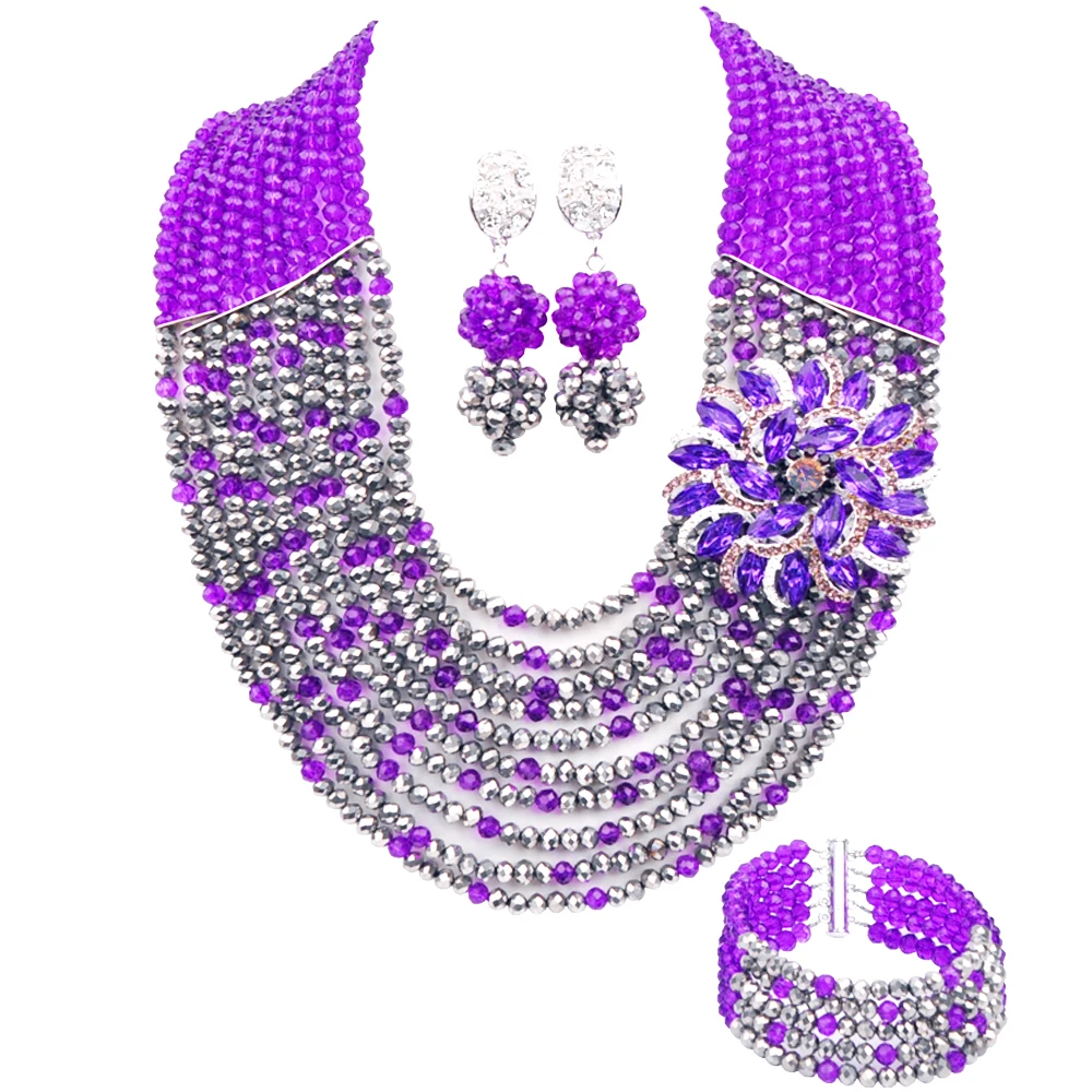 Nigerian Wedding African Beads Jewelry Set Crystal Necklace Bracelet Earrings for Women