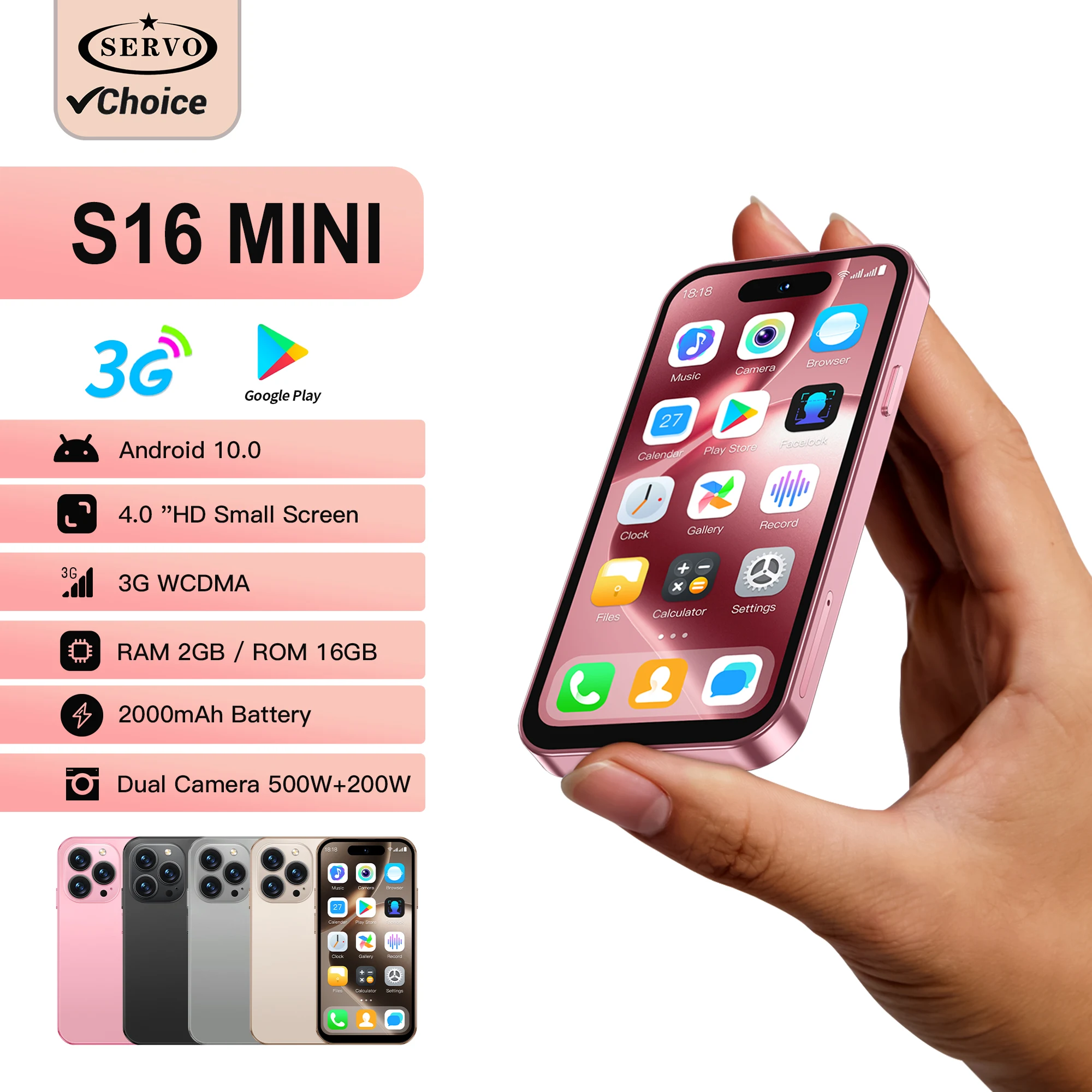 SERVO S16 Mini Android 10.0 Smart Phone 4.0Inch Display 2GB RAM 16GB ROM Dual SIM Standby WiFi GPS 3G Small Cellphone Play Store