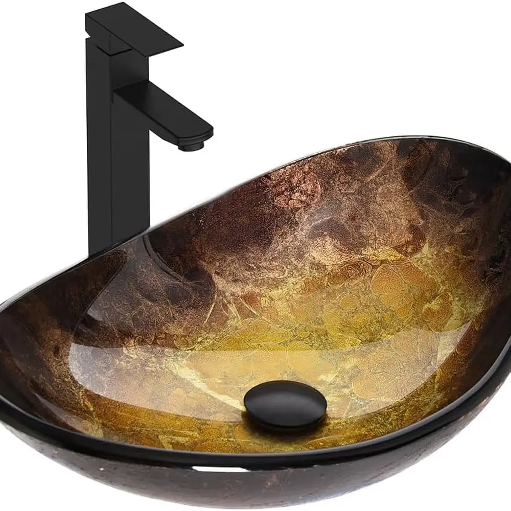 

Художественная раковина из черного стекла с золотым смесителем и выдвижным сливом, комплект для ванной в форме лодки
