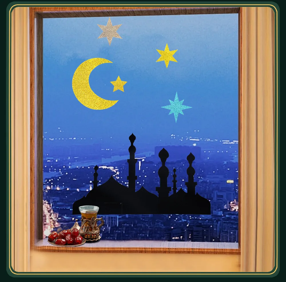 Eid Mubarak Decorative Window Sticker Black Gold Star Moon DIY Door Sticker AL Adha Ramadan Kareem Paper Sticker Happy Eid Party