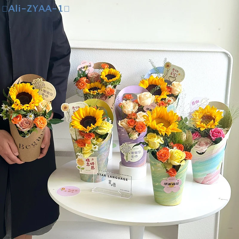 【ZYAA-1】5 Stück wasserdichte Blumenbox, dicke Blumenstrauß-Handtasche, Blumenverpackungsbox, kratzfeste Kraftpapier-Handtasche