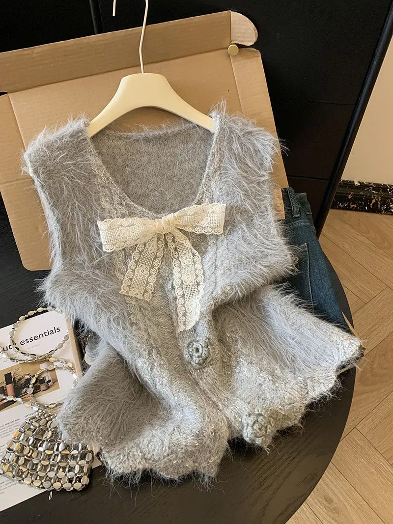 

Faionable Knitted Svel Vest Jaet Women's Small Size Layering High Waist Straight Cut Knot Spring Casual