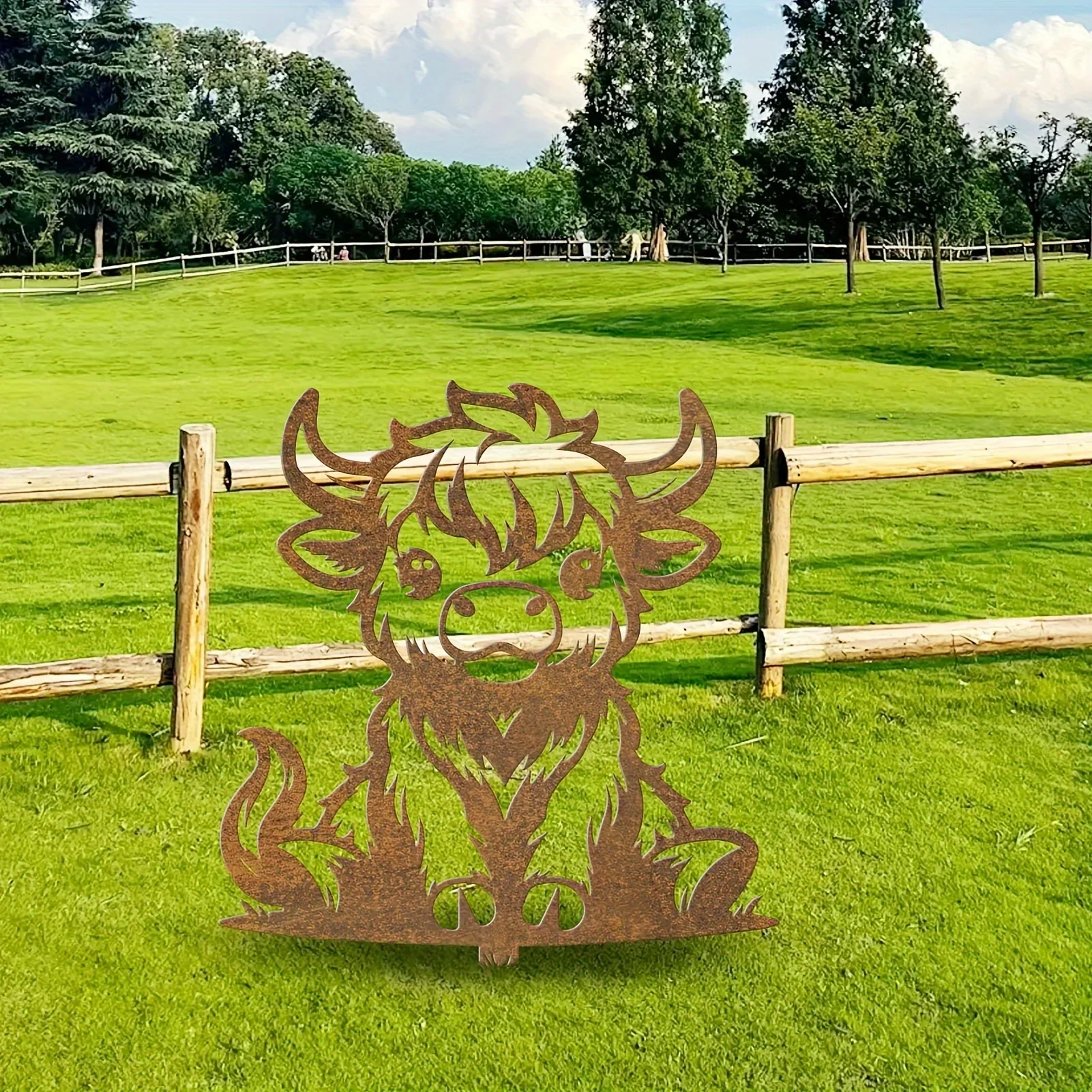【2D Flat】Rustic Metal Cow Lawn Stake - Rusty Cartoon Animal Ground Insert for Garden & Patio - Weatherproof Farmhouse Gift
