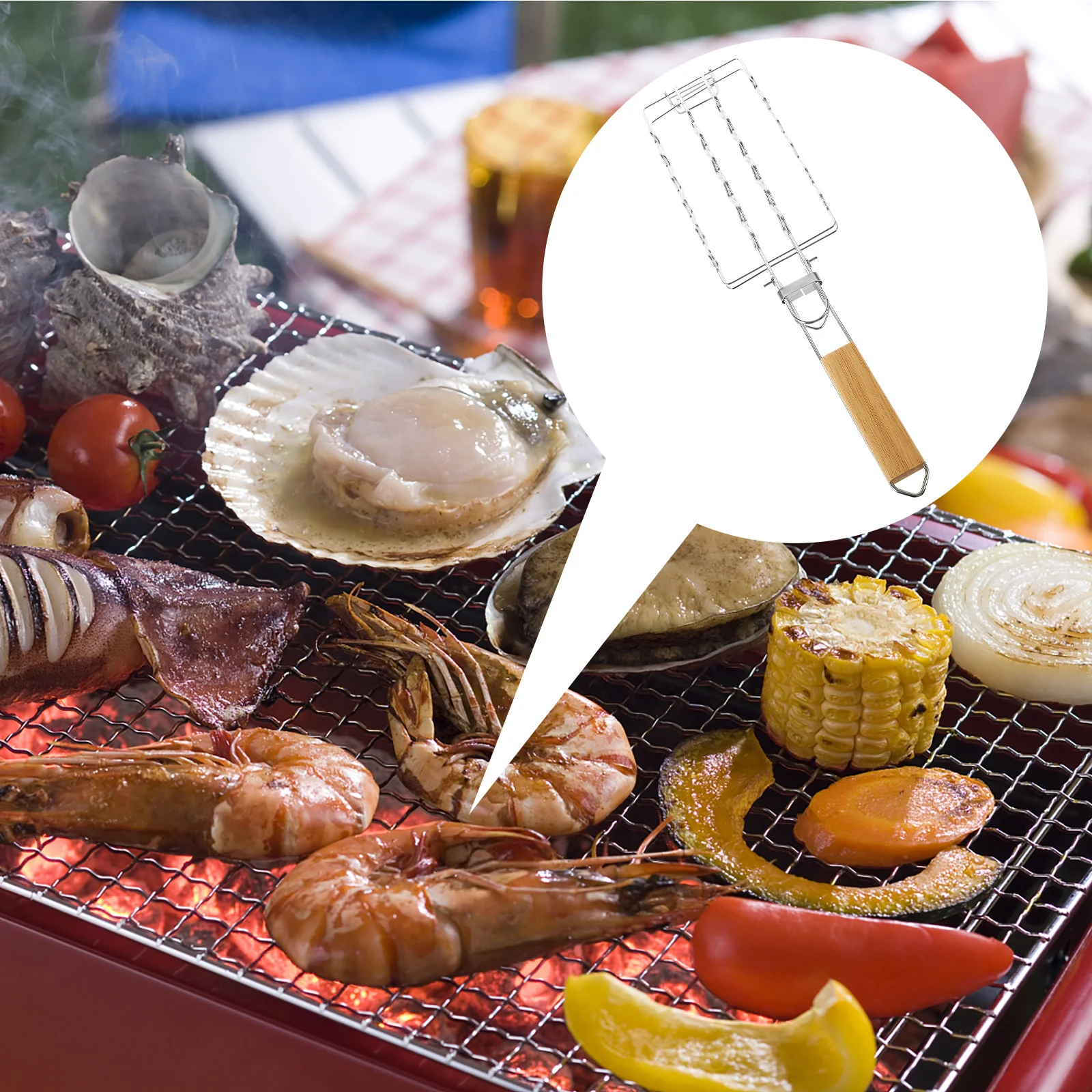 

Barbecue Net Clip Stainless Steel Wooden Handle Grill Rack Mesh Fish Sausage Beef Vegetable Outdoor Picnic Bbq Tool