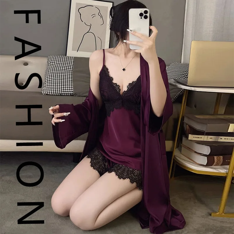 

Ice silk pajamas women's summer sexy v-neck suspenders shorts robe three-piece set summer loungewear with chest pads new