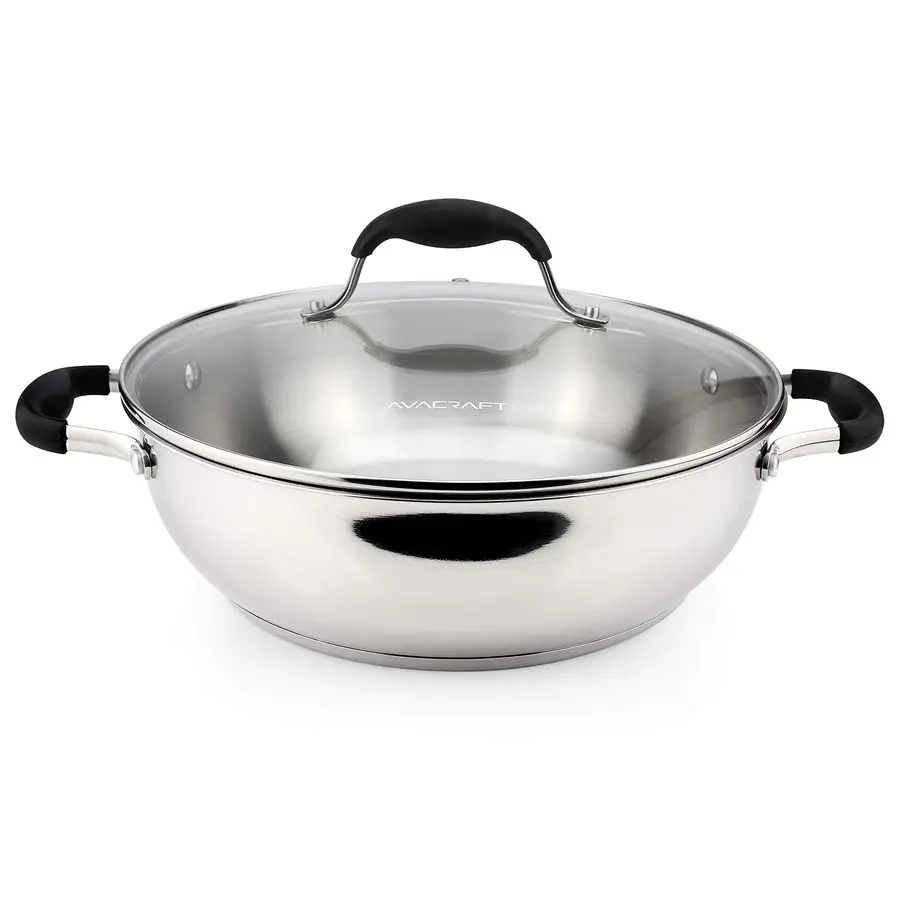 

18 10 Stainless Steel Everyday Pan, Stir Fry, FivePly Base, Glass Lid, Multipurpose Stewpot Skillet, Saute, Casserole 11 Top Dia