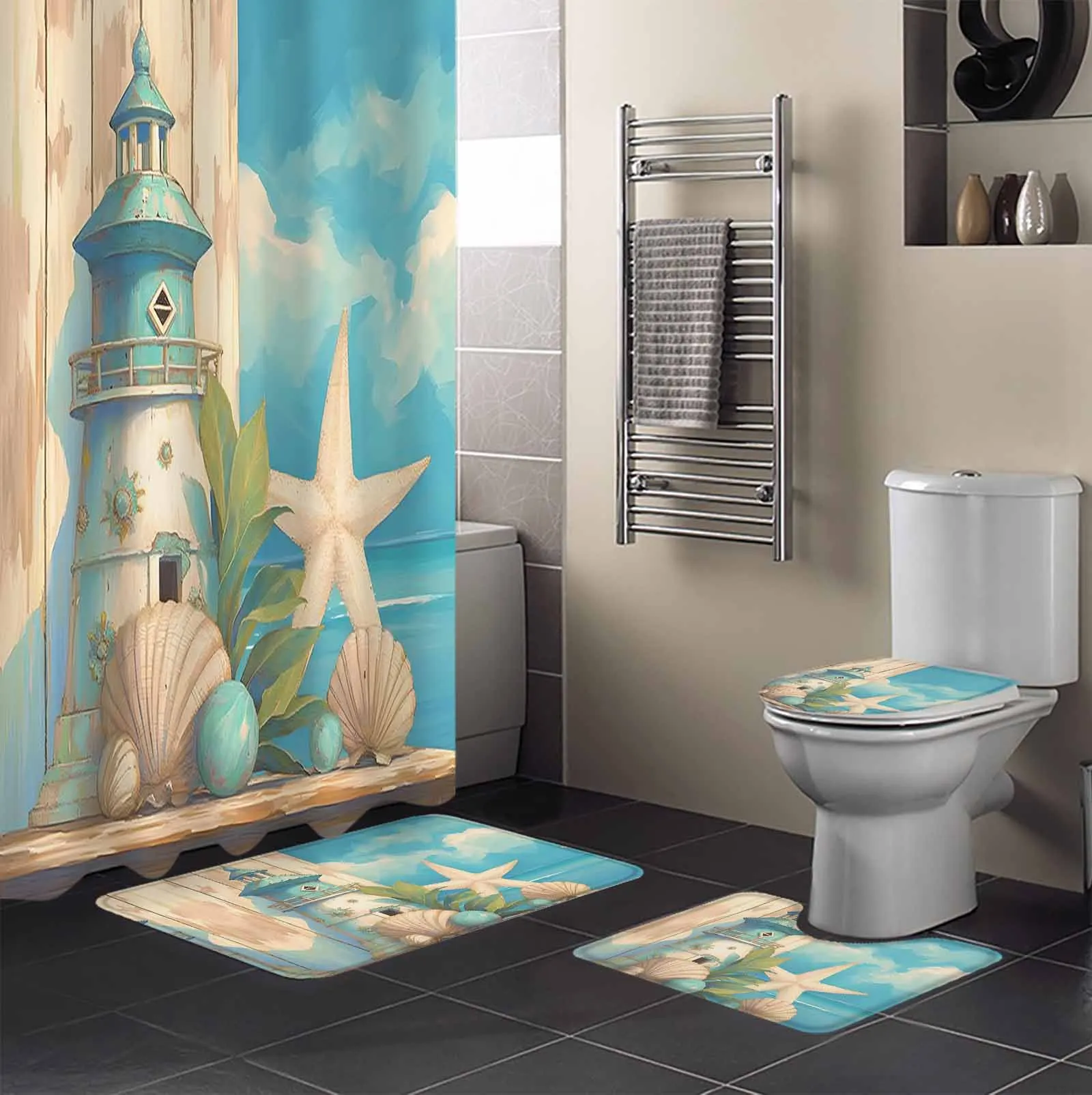 Summer Ocean Lighthouse Starfish Shell Shower Curtain Set Non-Slip Rugs Bath Mat Toilet Lid Cover Waterproof Bathroom Curtain