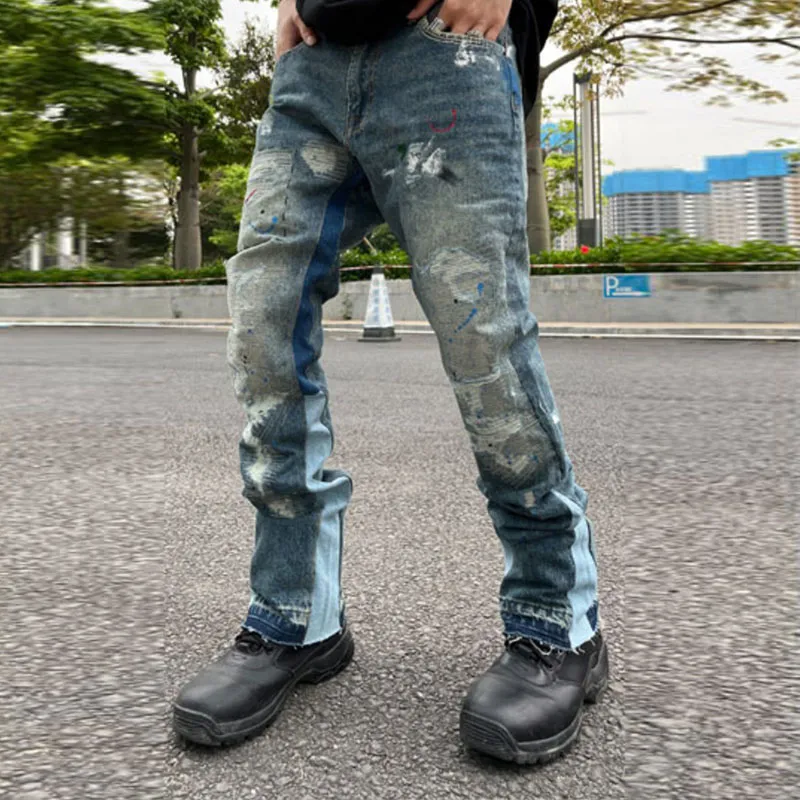 High Street Retro Ink Splash Patchwork Ripped Jeans Flare Pants Men and Women Straight Casual Oversized Loose Denim Trousers