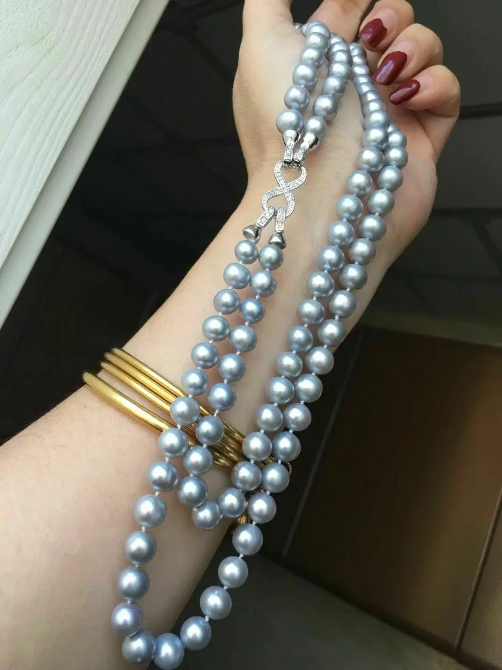 

Hand knotted 2strands 7-8mm gray freshwater pearl necklace sweater chain long 45-50cm fashion jewelry