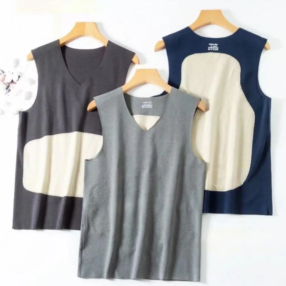 Men Winter Vest Seamless Thickened Sleeveless V Neck Plush Belly Warming Color Matching Patchwork Pullover Bottoming Tank Top