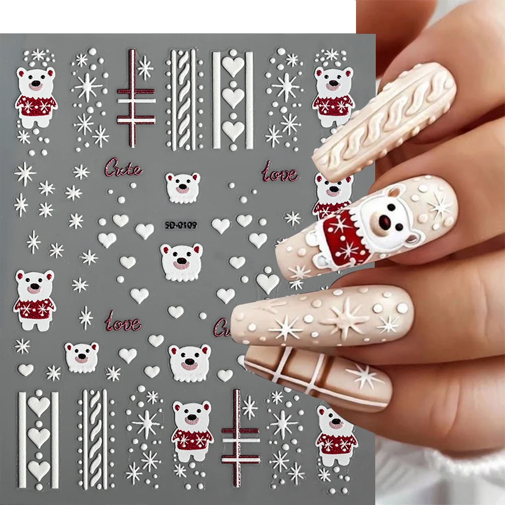 

﻿2pcs 5D Polar Bear Snowflakes Nail Stickers Embossed Heart White Snowflakes Cute Bear Design Nail Decals DIY Winter Manicure