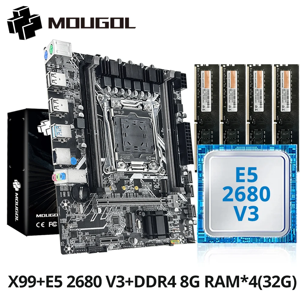 MOUGOL X99 Motherboard kit with Intel Xeon E5 2680 V3 CPU + DDR4 8GBx4(32G) 2133MHz Dual-Channel RAM Set Computer Combo X99