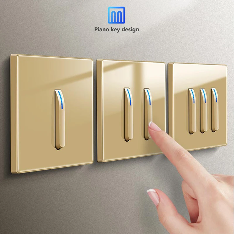 

Avoir Gold Glass Light Switch LED Indicator Piano Key EU FR Electrical Sockets And Switches Wall Switch Push Button Dimmer Fan