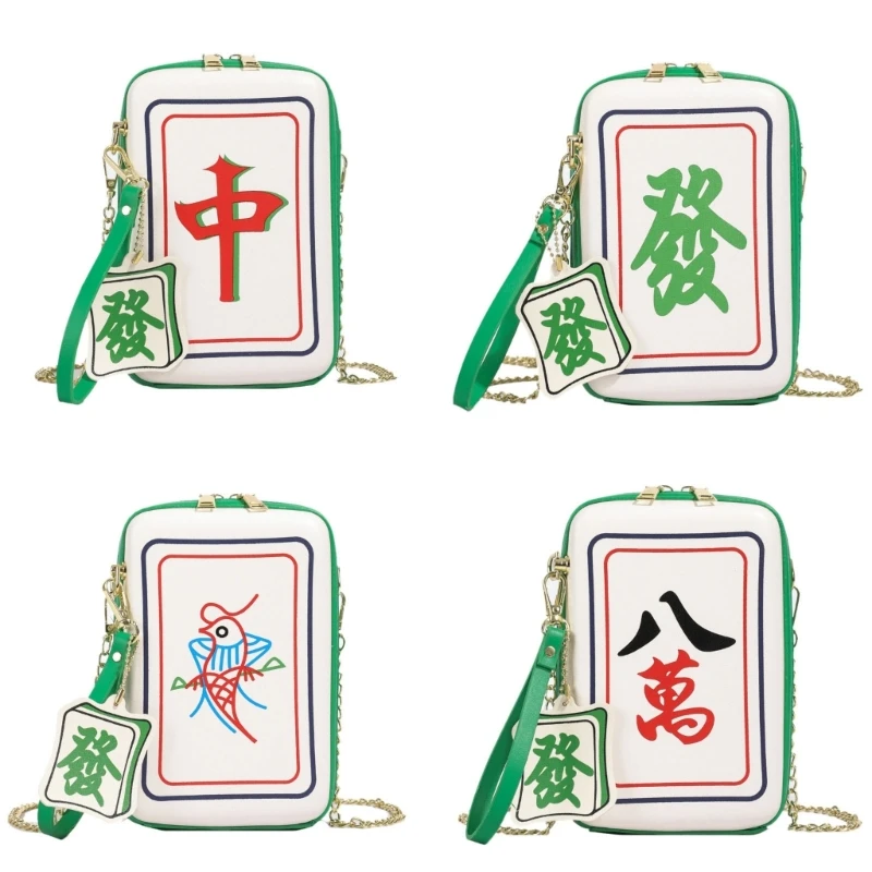 Modieuze crossbodytas met Mahjong-print voor dames met kettingriem PU lederen schoudertas Bags