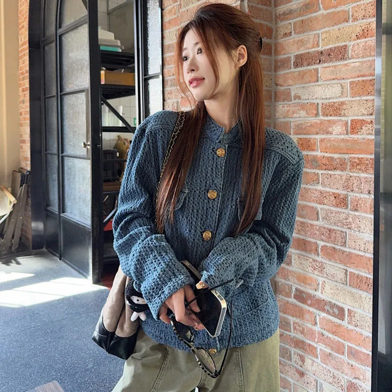 

French Women's Fashion Denim Jacket High Street Standing Collar Jacquard Coat Spring Autumn Casual Splicing Textured Jackets