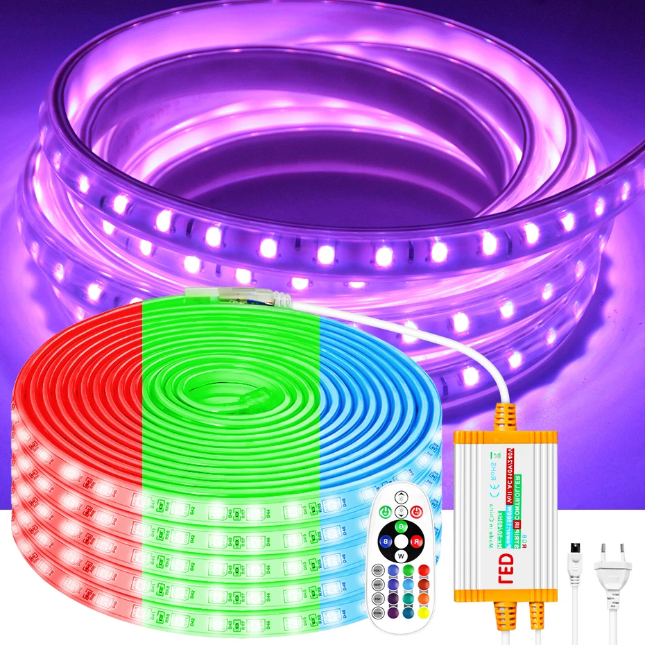 

4Pin LED Strip 220V 5050 RGB Lights Outdoor Lighting IP68 Waterproof Controller 1500W IR Remote Control Dimmable 10M 50M100M EU