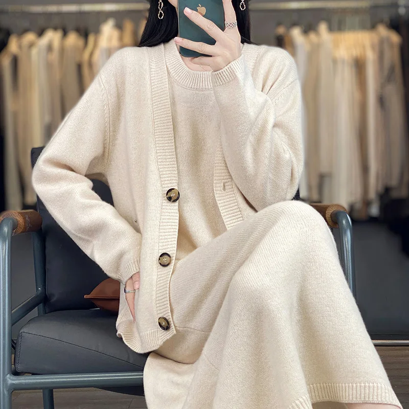 

Women's Cardigan Set 100% Merino Wool Comfort O-Neck Vest Knitted Long Dress Button Soft Warm Chic Exquisite Sweater Coat Basic