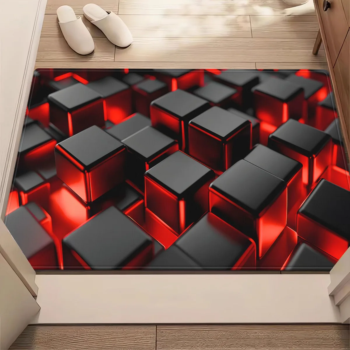 Red Black 3D Cube Pattern Non-slip Washable Polyester Mat Multi-Use for Bathroom Kitchen Bedroom Living Room Camping Yoga