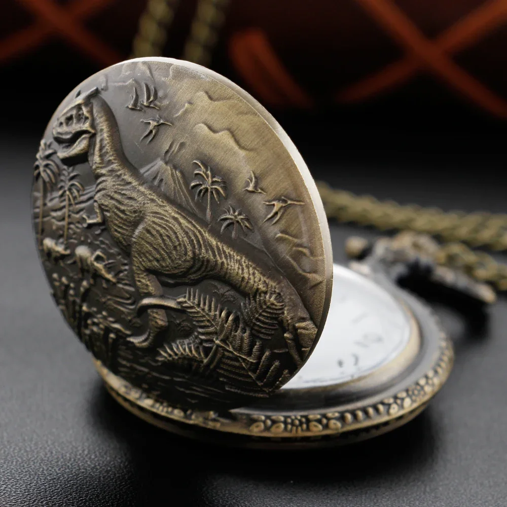 Classic Dinosaur World Tyrannosaurus Time Gemstone Quartz Pocket Watch Necklace Pendant Men's and Women's Clock Gift