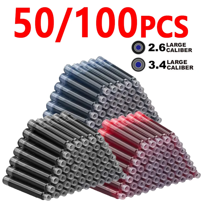 Fountain Pen Ink Cartridges Set Black Blue Red Refill High Quality, Bore Diameter for Smooth Writing 2.6mm 3.4mm 50 Pcs 100Pcs