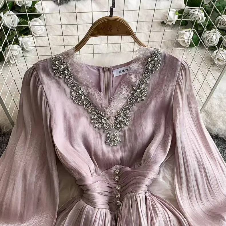 UNI Frühling Kristall Lose Volle Hülse Maxi Plissee Chiffon Kleid Für Frauen Elegante Prom Abend Party Lange Kleider Dame 2023