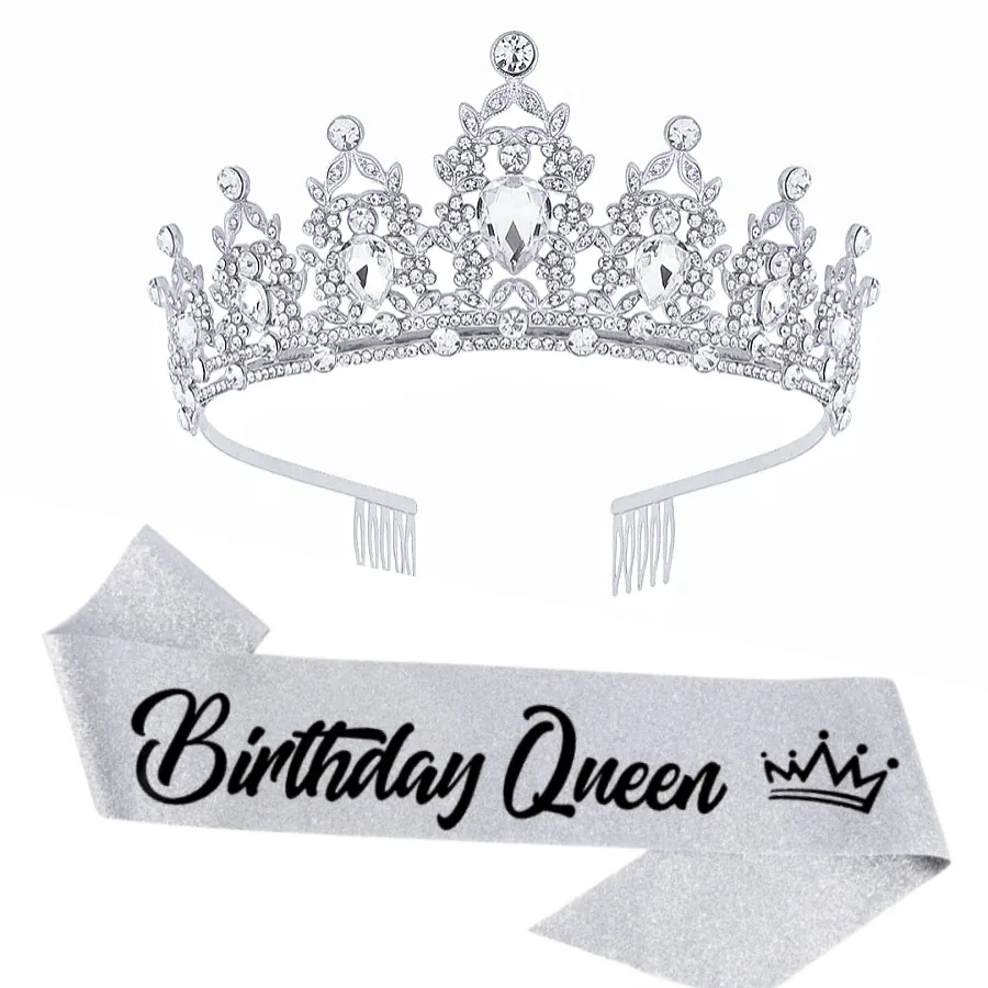 Barocke Strass-Geburtstagskönigin-Schärpe mit Krone und Tiara für Frauen und Mädchen, Stirnbänder, Schärpe mit Anstecknadel, Happy Birthday Party – Detail 16