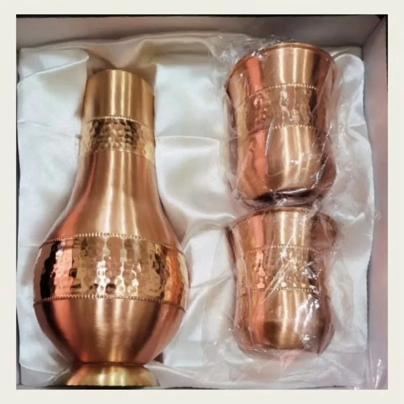 Vintage Brown Copper Pitcher Set 1.5L Hammered Copper Drinkware Gift Box for Tableware