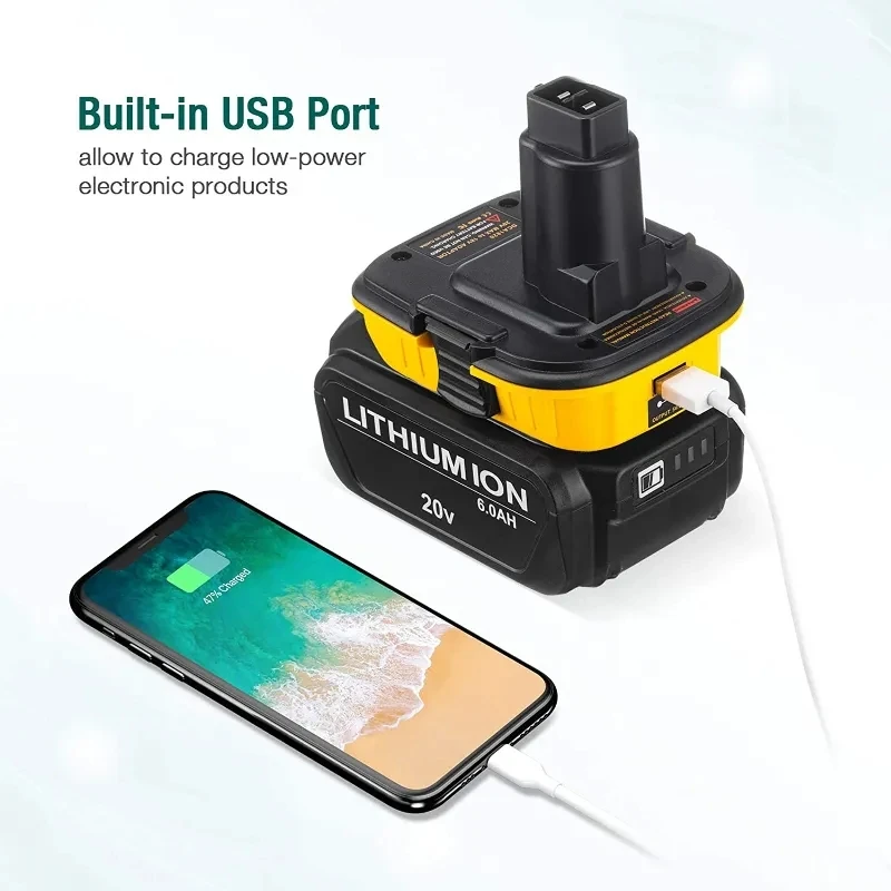 Imagem -03 - Adaptador de Bateria com Usb 20v Dca1820 para Dewalt 18v Lithium Battery Convert Tools Dc9096 De9098 De9096