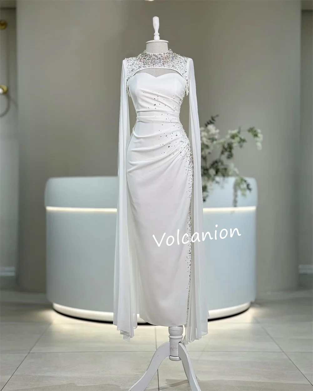 Gaun Midi Selubung Kerah Tinggi Manik-manik Berpayet Jersey Kustom Tersedia Ukuran Fashion Elegan Prom Acara Dipesan Lebih Dahulu