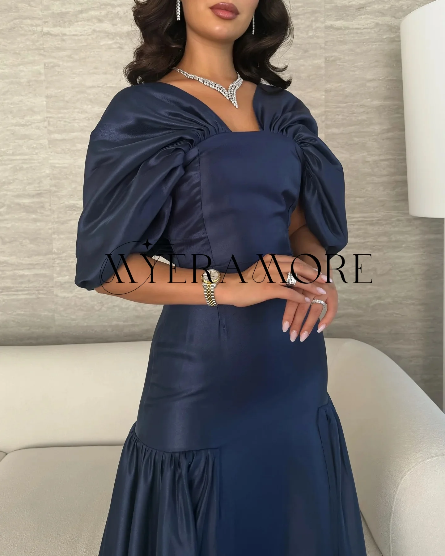 

Elegant V-Neck Evening Dresses Blue Mermaid Half sleeve Pleat Women Prom Dresses Customized فساتين سهرة