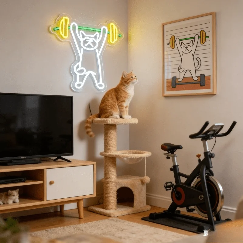 Cat Lifting Weights Neon Sign LED Night Light USB Powered Gym Fitness Gymnasium Sports Bar Home Bedroom Desk Decoration Gift
