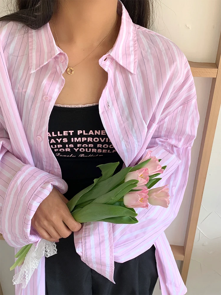 

Korean Sle Striped Long Sve irt Women's Casual Loose Fit Cotton Sun Protection Top Pink White Color for Commuting And ...