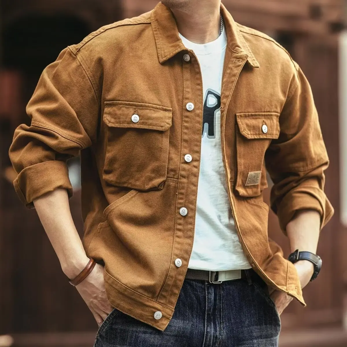 Retro American Style Men's Workwear Denim Jacket Spring Autumn Durable Worn Resistant Utility Style Mural Jacket