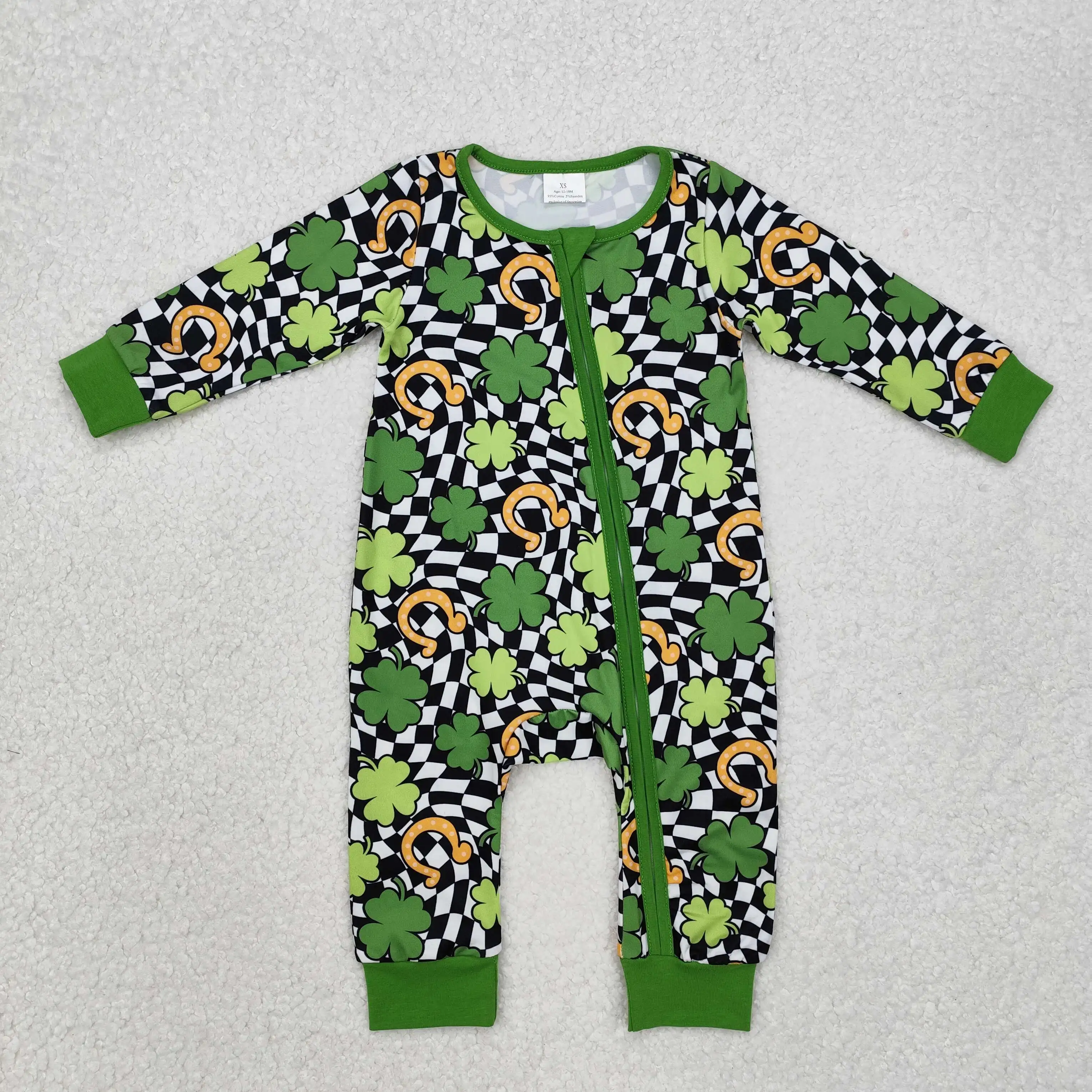 St. Patrick new rts baby boys' rompers wholesale boutique four leaf clover zipper long sleeve green romper