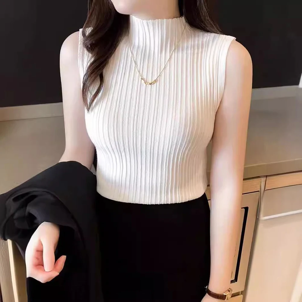 

Летний повседневный топ без рукавов с высоким воротом, однотонный, в рубчик, из полиэстера, зеленый, для клуба