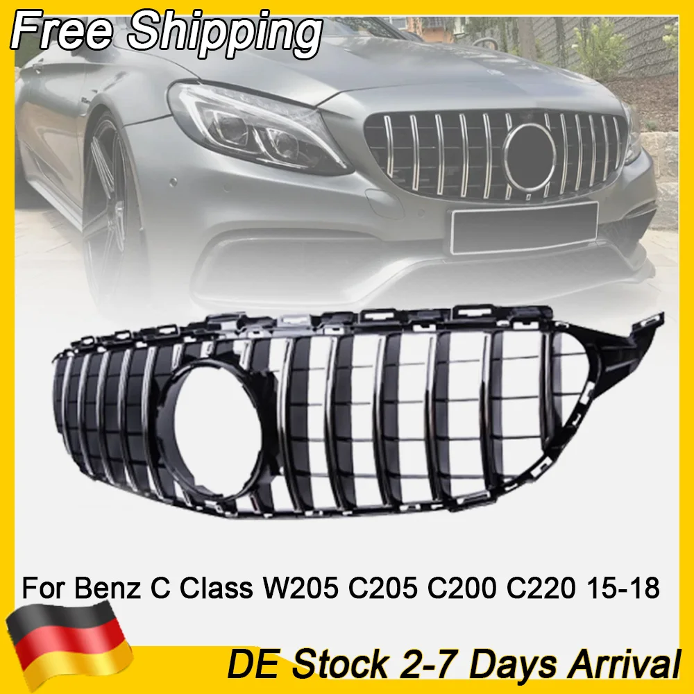 Image of Für Mercedes Benz C-Klasse W205 C205 C200 C220 2015-2018 GT Style Obere Stoßstange Haube Mesh Front Grill Grille Chrom Schwarz