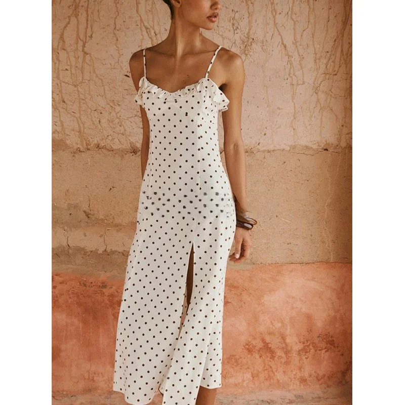 Vestido Midi F de Verão com Estampa de Poá, Decote em V, Decoração em Camadas, Linho Misto, Laço Borboleta, Cintura Al...