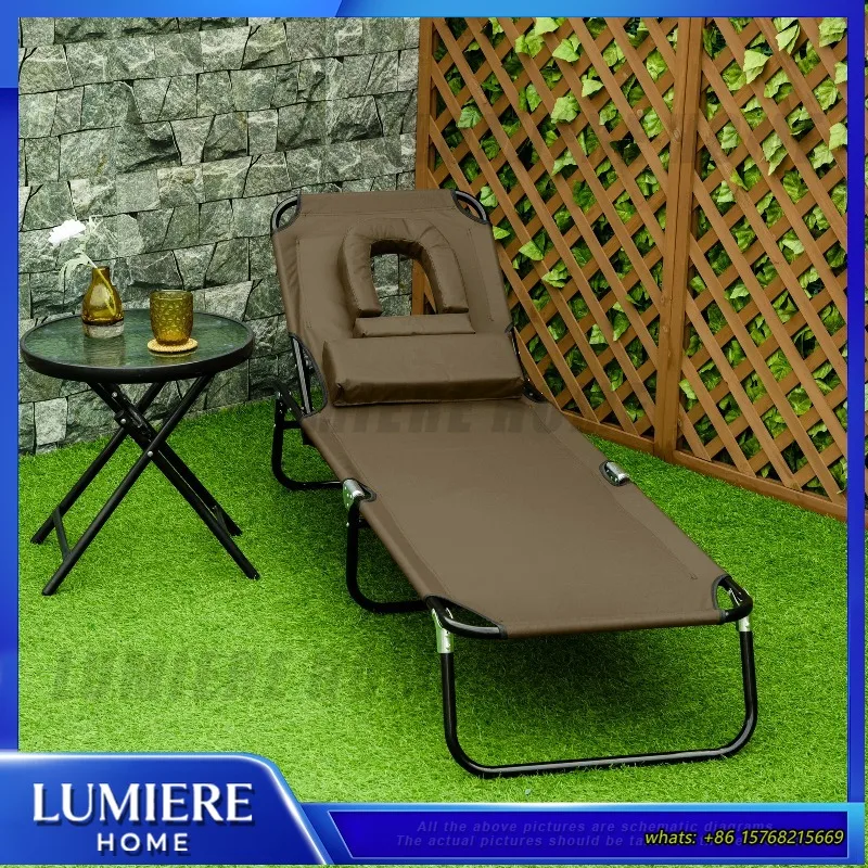 

4 Fold Adjustable Backrest Folding Chaise Lounge Chair Oxford Fabric Tanning Beach Chair with Headrest Face Hole for Outdoor