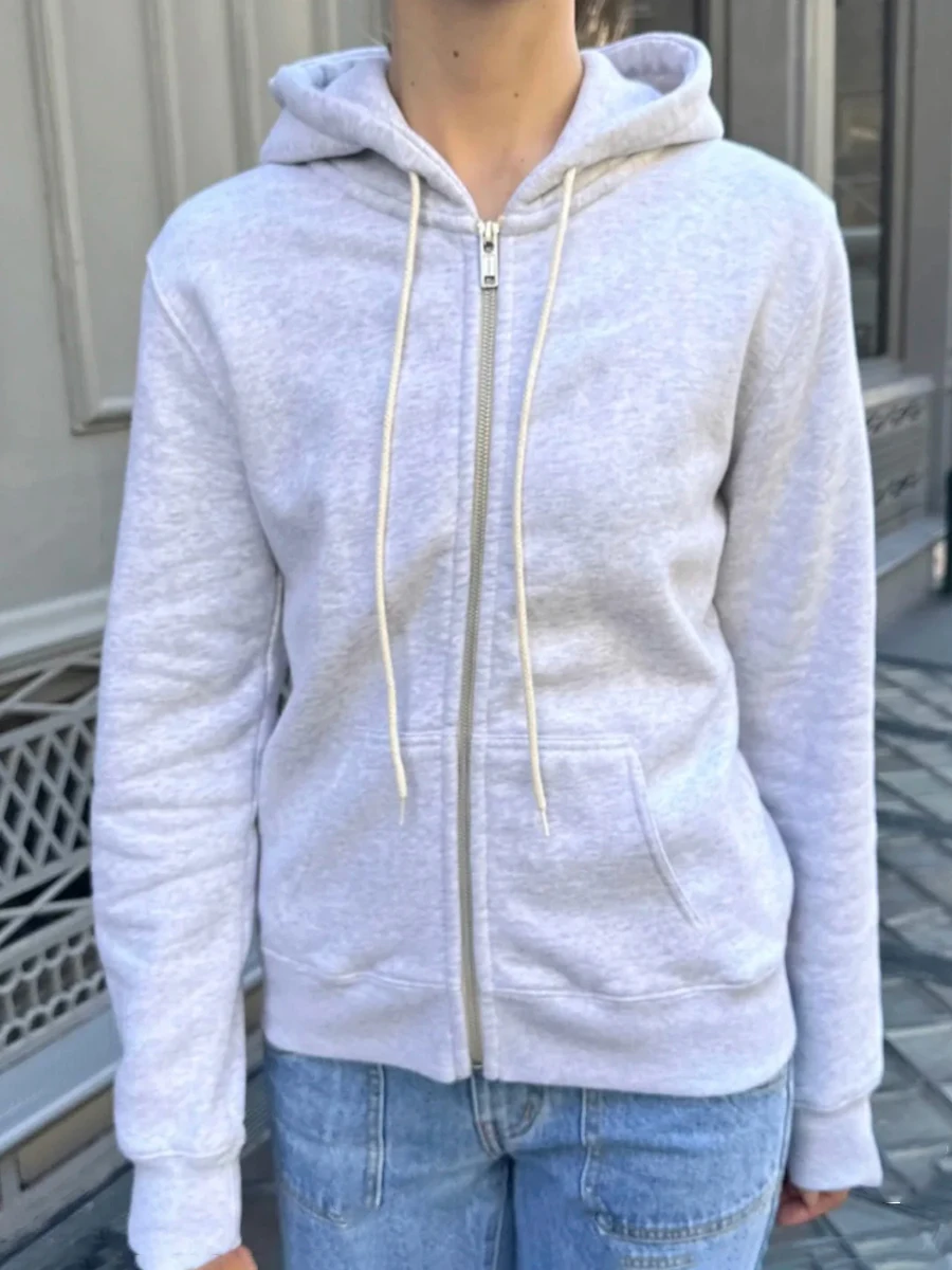 

Light Gray Sport Zip-up Hoodie Woman Autumn Drawstring Hooded Cotton Long Sleeve Sweatshirt Solid Casual Simple New Hoodies Tops